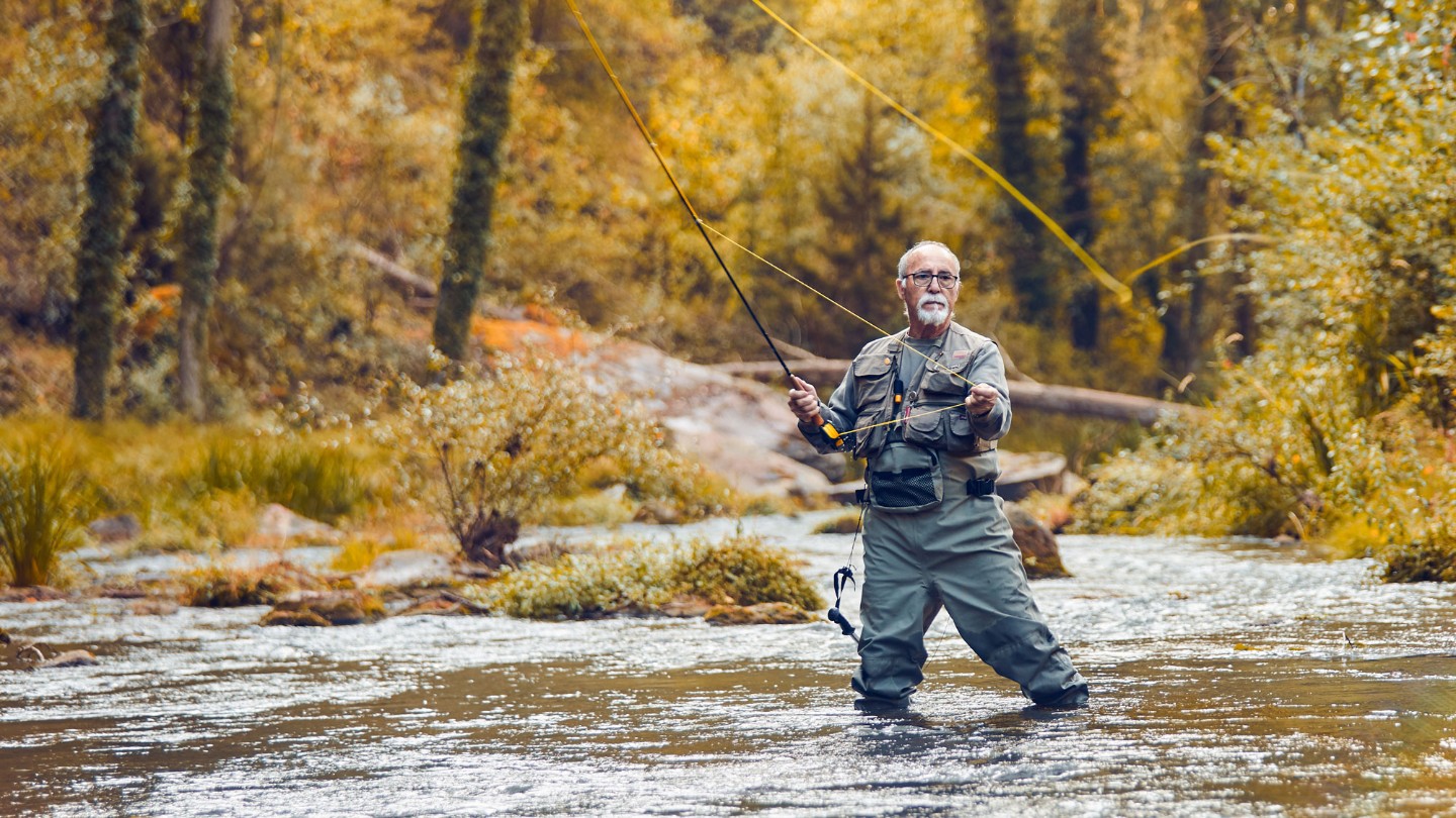 Senior man fly fishing in wooded stream in autumn
